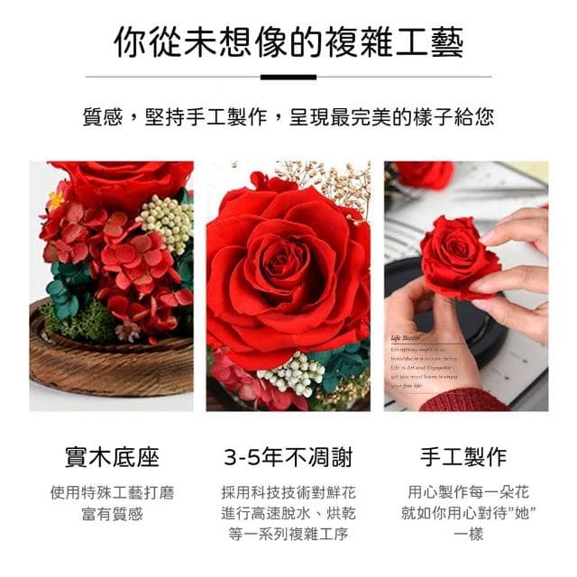永生花 玻璃罩 夜燈 真花 玫瑰 永生玫瑰玻璃罩 乾燥花 永生花小夜燈 交換禮物 女友生日 520情人節禮物