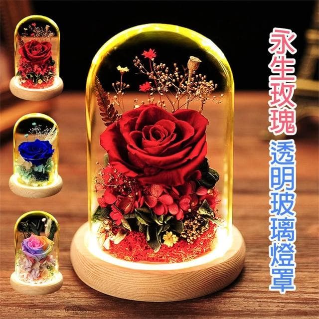永生花 玻璃罩 夜燈 真花 玫瑰 永生玫瑰玻璃罩 乾燥花 永生花小夜燈 交換禮物 女友生日 520情人節禮物