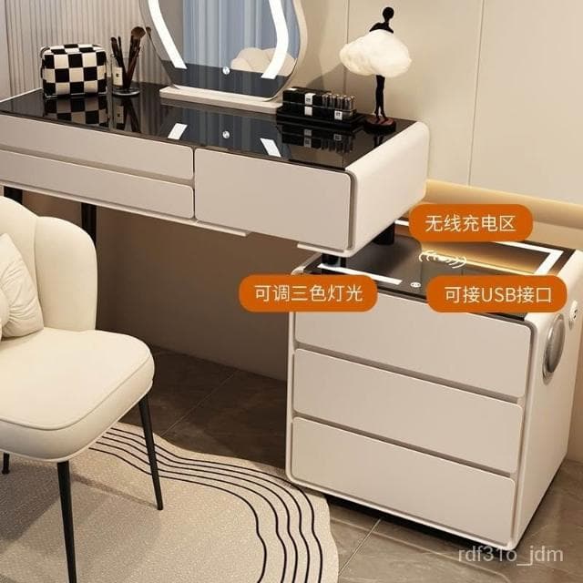 免運 化妝臺 化妝桌 梳妝桌 化裝鏡 梳妝檯 實木巖闆 網紅梳妝臺臥室化妝桌公主風無綫充電藍牙音響現代簡約書桌雲朵鏡
