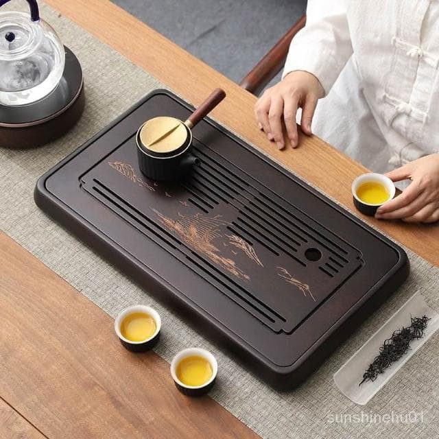 免運  茶盤傢用排儲水式功夫茶具託盤竹實木長方形小型茶海瀝水幹泡茶臺