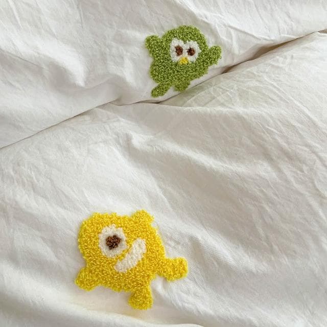 小怪獸毛巾刺繡 4 合 1 床單套裝素色床上用品套裝單人/大號/特大號平板床單/床單被套/枕套睡眠貼身