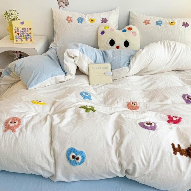小怪獸毛巾刺繡 4 合 1 床單套裝素色床上用品套裝單人/大號/特大號平板床單/床單被套/枕套睡眠貼身