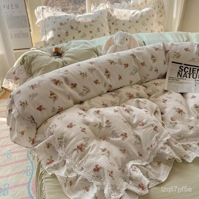 韓式ins 公主風 泡泡棉 四件套 少女花邊碎花被套 床單清新 宿捨 三件套