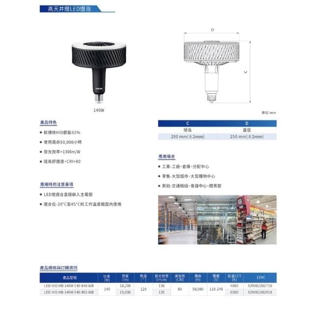 【Philips 飛利浦】[ 飛利浦 ] HID LED天井燈泡 140w 取代水銀燈泡 取代複金屬燈泡 E40 高天井燈