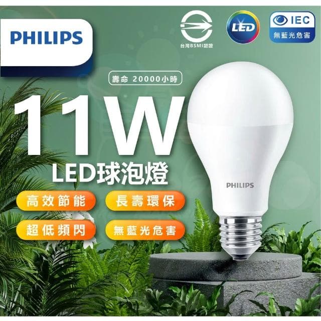 【Philips 飛利浦】PHILIPS燈泡 飛利浦 新版 LED易省燈泡 11w 無藍光 護眼燈泡