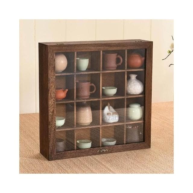 实木茶壶展示盒 茶具防尘格子 收纳柜 置物架 化妆品首饰器皿 小博古架 廚房收納置物架 防塵收納櫃 茶水櫃