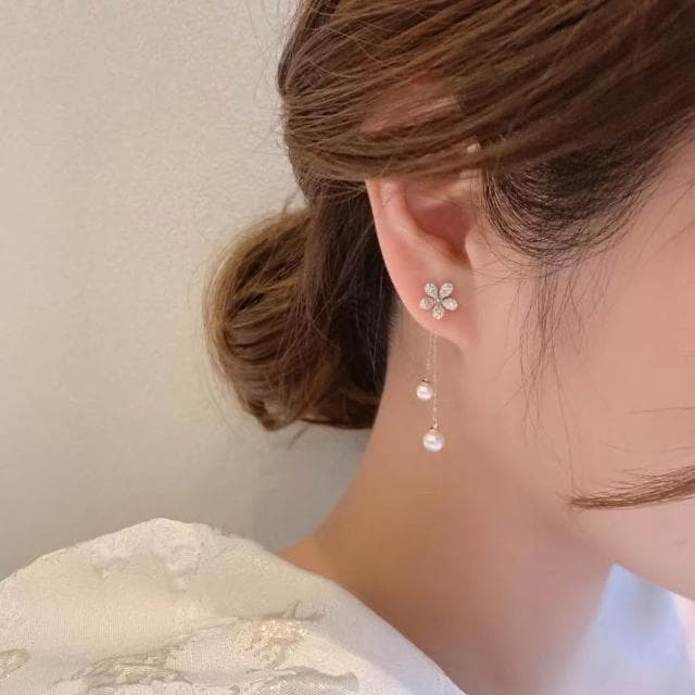 Miss Si 現貨速發 韓版S925銀針可拆微鑲鑽石花朵長款耳環 鑲鑽氣質淑女珍珠甜美可愛時尚質感珍珠耳墜耳線耳飾耳針