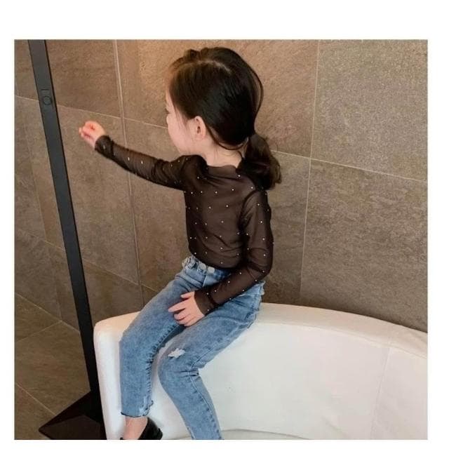 【Arbea】女童網紗上衣長袖鏤空網狀兒童透明亮片時尚洋氣外穿打底衫潮 C1172