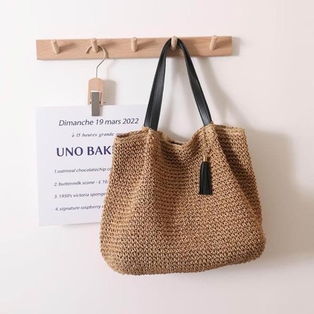 【巴黎精品】情人節禮物 現貨秒發 草編包手提包渡假風單肩側背包大容量流蘇編織包-法式復古黑流蘇單肩女包包2色a1hb42