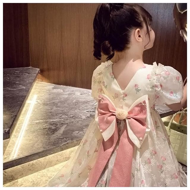 【Arbea】女童夏季短袖連衣裙兒童表演服後背大蝴蝶結禮服裙子 C35