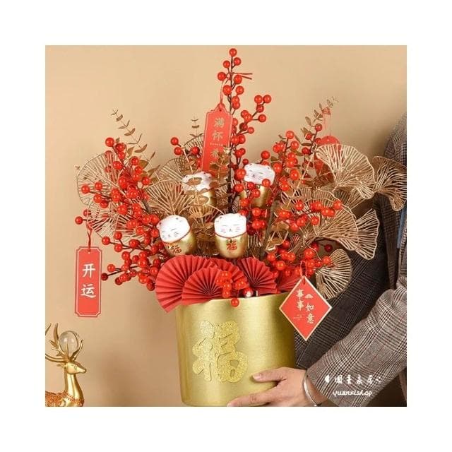 新年抱抱桶(過年裝飾/聚寶盆/福桶/開業/喬遷/喜慶花籃/新年裝飾/花籃/禮物)