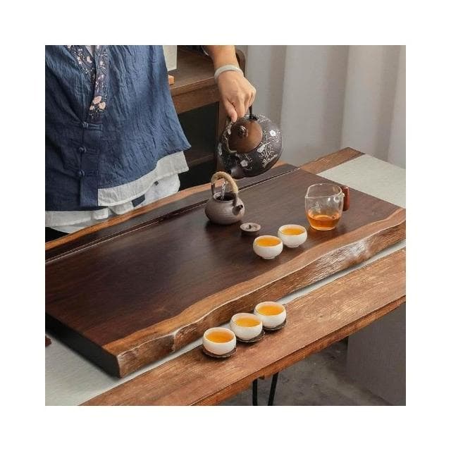 简约原木茶盘 家用整块黑檀实木茶台 自然边茶具 排水式茶海 托盘