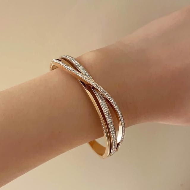 【CReAM】Twila閃耀奢華亮鑽水鑽交錯金銀色玫瑰金色女手環手鐲(生日 禮物 送禮 禮盒)