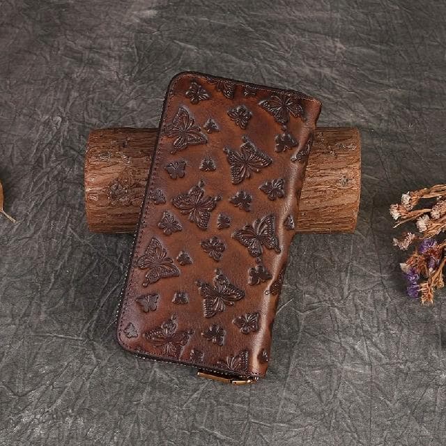 【米蘭精品】情人節禮物 現貨秒發 真牛皮長夾真皮錢包短夾手拿包女包包-錢包復古蝴蝶壓花牛皮女皮夾2色74ei19