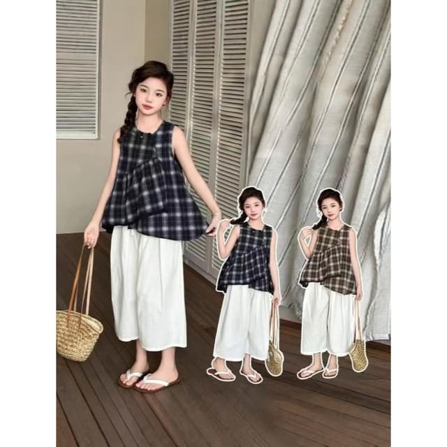 【Arbea】中大童120-170碼女童夏裝格紋套裝新兒童中大童夏季洋氣無袖上衣時髦兩件套【C1219】