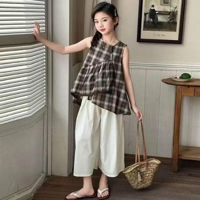 【Arbea】中大童120-170碼女童夏裝格紋套裝新兒童中大童夏季洋氣無袖上衣時髦兩件套【C1219】