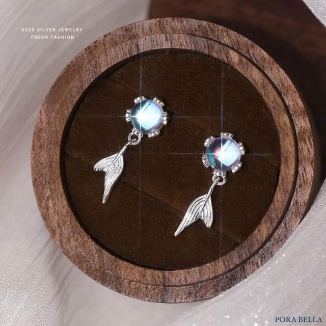 【Porabella】S925純銀月光石耳釘 泡泡魚尾耳釘 人魚耳飾 時尚百搭耳環 仙女風耳針 Earrings