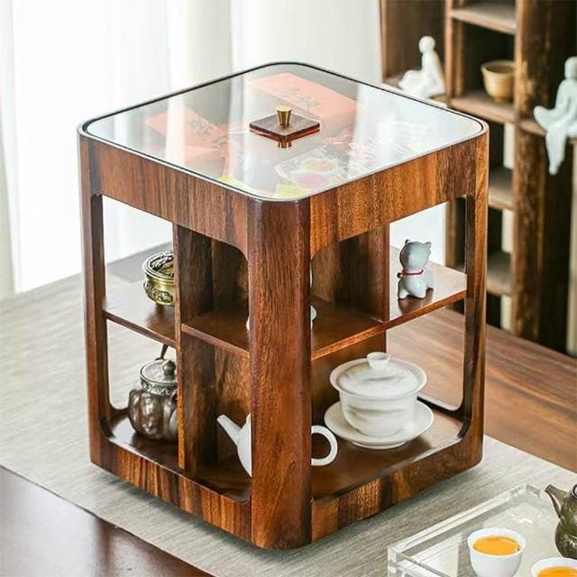 南北胡桃木素音旋轉玻璃收納閣 茶具茶杯置物架 茶臺多層收納櫃