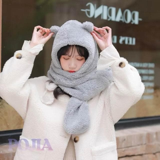  保暖熊熊圍巾 小熊圍巾 女圍巾 帽圍脖 保暖 毛毛圍巾 絨毛圍巾 日系圍巾
