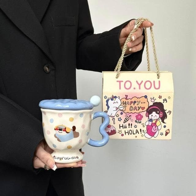 漫生活生日禮物送女生創意可愛波點小狗陶瓷馬克杯帶蓋勺高顔值實用禮品
