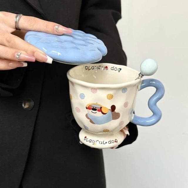 漫生活生日禮物送女生創意可愛波點小狗陶瓷馬克杯帶蓋勺高顔值實用禮品