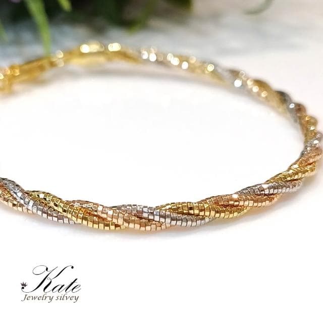 【KATE】銀飾 義大利經典三色K金編織純銀手鍊 K金手鍊 玫瑰金手鍊 編織手鍊 純銀手鍊 生日禮物 情人禮物