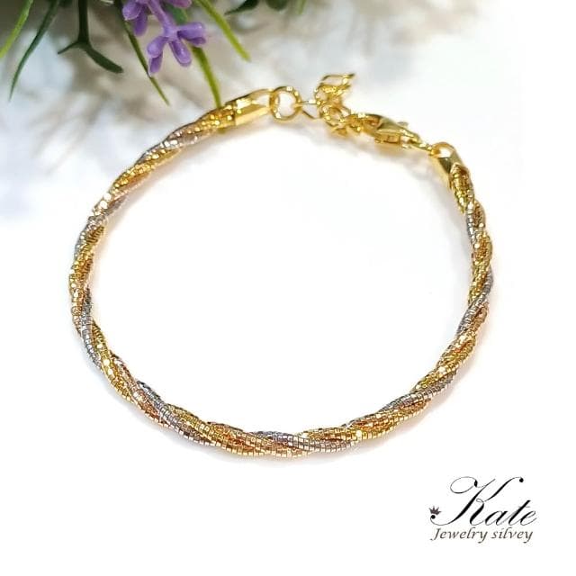 【KATE】銀飾 義大利經典三色K金編織純銀手鍊 K金手鍊 玫瑰金手鍊 編織手鍊 純銀手鍊 生日禮物 情人禮物