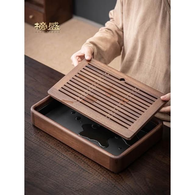 榜盛胡桃木茶盤小型家用茶臺一人儲水排水茶海茶具託盤實木幹泡盤