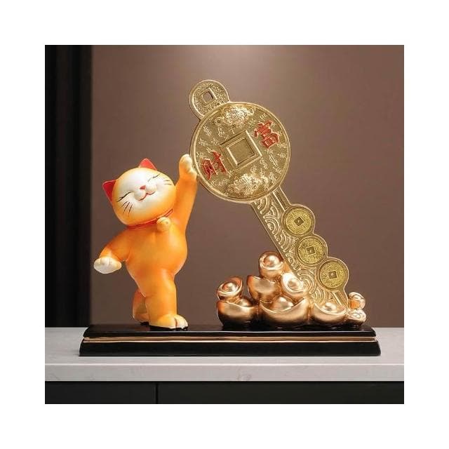 財富金鑰匙招財貓擺件客廳酒櫃辦公室前臺收銀臺裝飾喬遷開業禮物