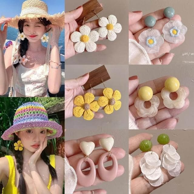 🎗飾間首飾鋪 多巴胺編織花朵耳環新款夏日度假風首飾飾品潮高級感誇張海邊耳飾