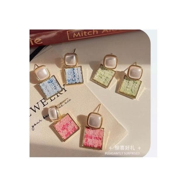 Miss Si 現貨速發 多巴胺布藝小香風方形耳環 毛呢耳環 簡約珍珠氣質復古幾何耳飾