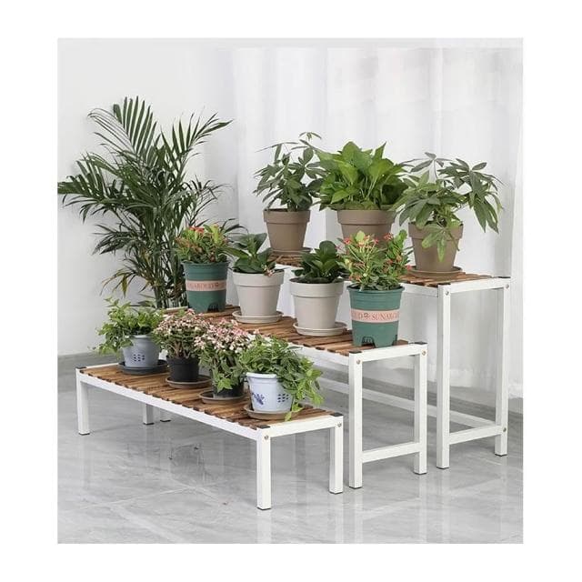 实木铁艺阳台花架 落地式客厅阶梯多层置物架 多肉花盆架 植物摆放架 陽台家用階式擺放架 鐵藝實木多肉花盆架戶外庭院盆栽架