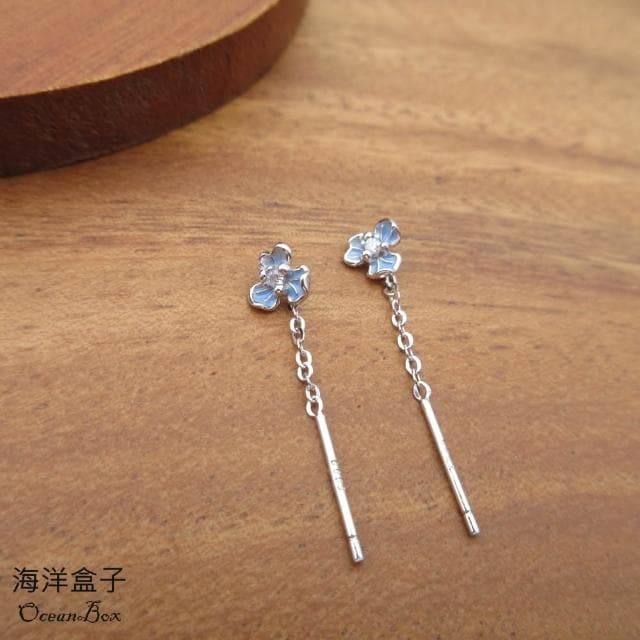【海洋盒子】拉式。清新唯美藍釉鋯石小花S999純銀耳環.垂墜耳環.外鍍專櫃級正白K