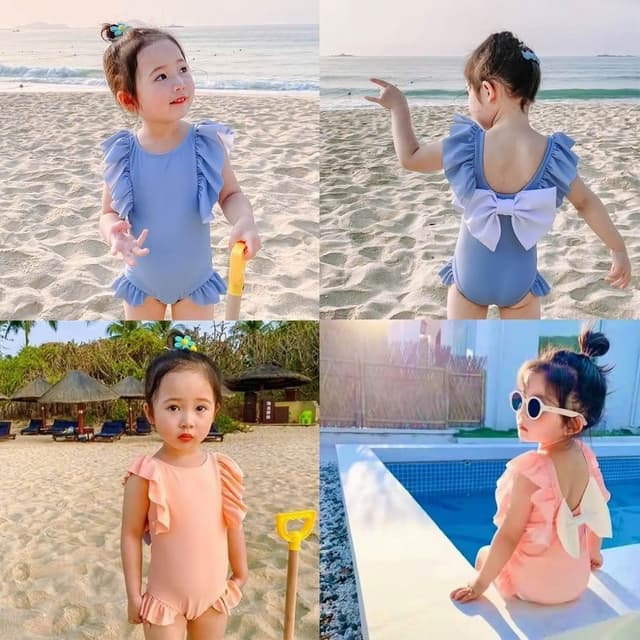 【Arbea】泳衣女連體女童比基尼可愛速乾露背蝴蝶結兒童游泳衣韓版 C125