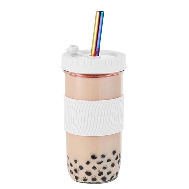 防滑隔熱飲料杯 700ml-白色含吸管 (環保杯/珍奶杯/玻璃杯/隨行杯/手搖杯/梅森罐/梅森杯)