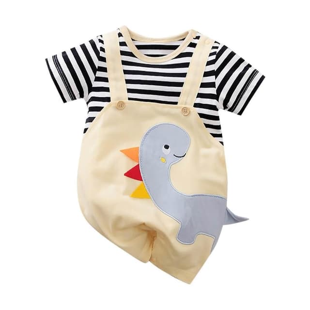 【JoyBaby】童裝 灰藍恐龍款棉質短袖包屁衣 短袖嬰兒服 童衣 連身衣