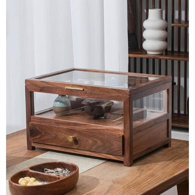 家用復古實木防塵櫃透明玻璃展示收納櫃北美胡桃木茶具陳列收納盒