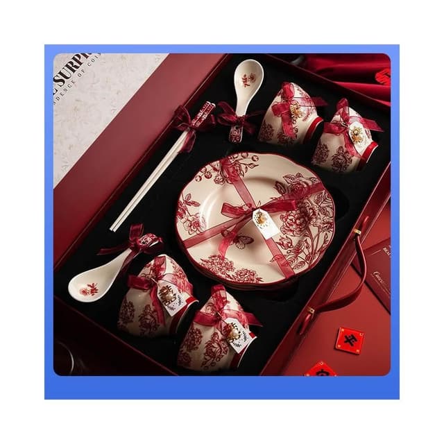 免運 碗碟餐具陶瓷新婚禮物送新娘紅色碗盤筷套裝喬遷新居結婚