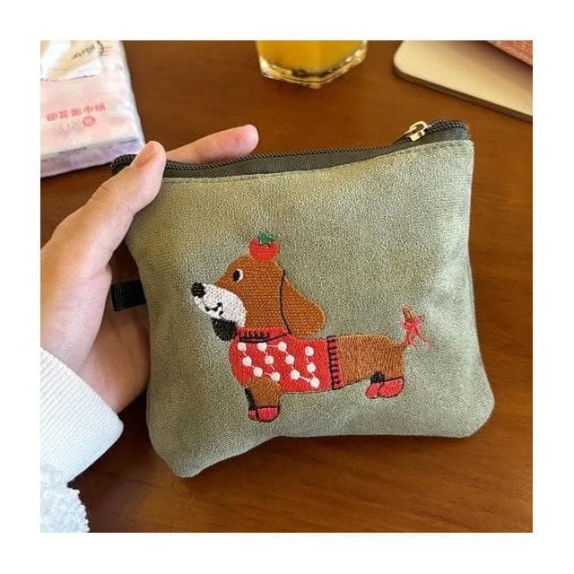 零錢包 仿麂皮 絨布 臘腸狗 刺繡 小錢包 小包包 隨身包 收納包 拉鍊包 口紅包 月事包 耳機包