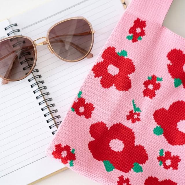 【AHUA 阿華有事嗎】AHUA阿華有事嗎 韓系包包 滿版五瓣紅花針織手提包 B0074 韓妞必備包 百搭配件 包包 袋子 手袋 肩包 日系