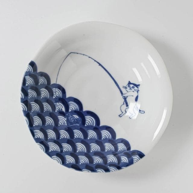 【美濃燒】SHICHITA 貓咪系列陶瓷淺碗 16.5cm (青海波;小碗/飯碗)