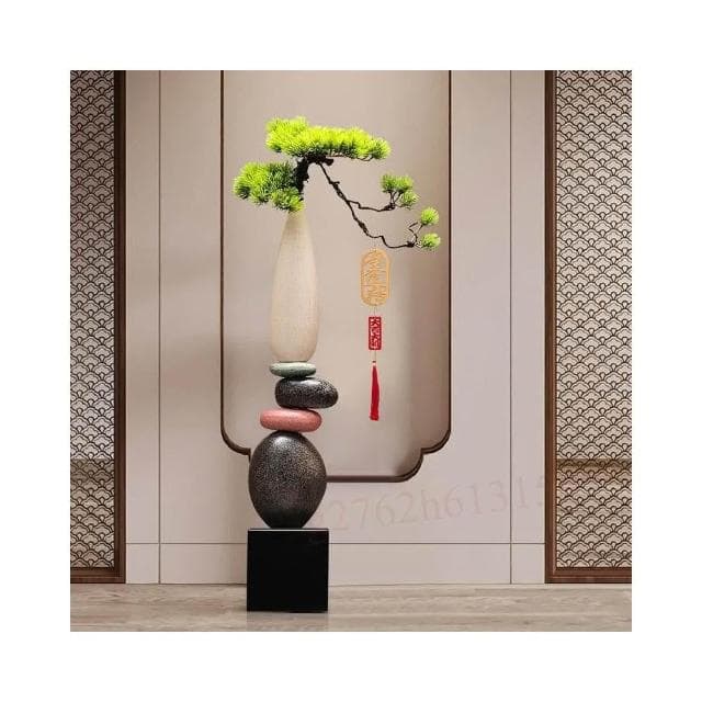 時來運轉花瓶落地擺件客廳玄關紅果造景迎客松裝飾品暖居喬遷禮物搬家禮物擺件存錢筒擺件裝飾
