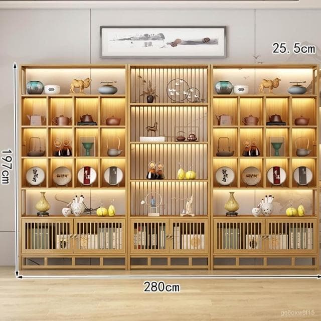 🔥熱銷爆品 包郵博古架茶具置物架多寶閣茶櫃非實木擺原木色展示櫃 3XVH