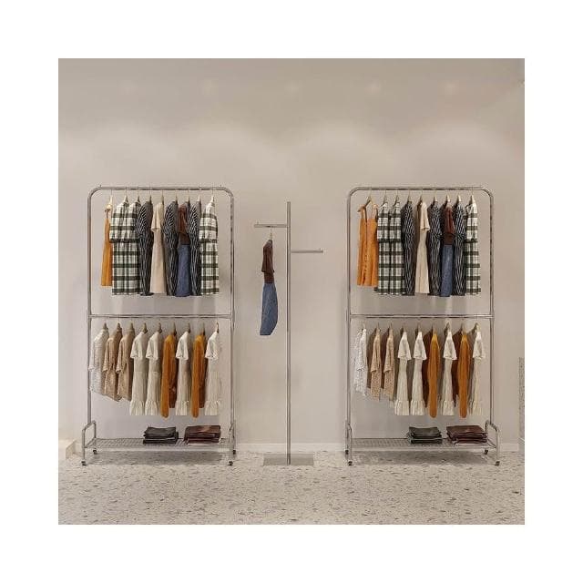🍀櫥窗掛衣架 不銹鋼掛衣架 亮面展示架 童裝衣架 服裝店雙層展示架 陳架加輪