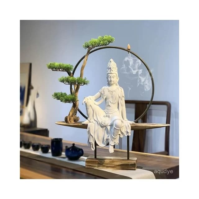 觀音菩薩佛像 自在觀音菩薩 開運 平安 倒流香爐 客廳擺件 玄關桌擺件 茶室裝飾 禪意擺設 禮品 開幕送禮 喬遷禮品