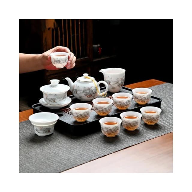 四季風家居 冰種羊脂玉茶壺功夫茶具套組家用辦公室會客陶瓷蓋碗茶杯高級禮盒