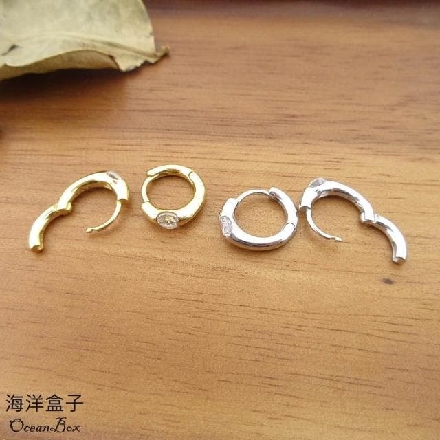 【海洋盒子】經典簡約亮面金色.白金單鑽針式925純銀易扣耳環.外鍍專櫃級正白K.精緻鍍金.圈圈耳環