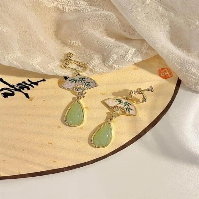 {遇見臻品}BG139新中式宮廷耳墜森系超仙扇形國風復古旗袍漢服婚紗風民族風情耳飾古風燒藍蝴蝶耳環中式折扇耳環國風耳飾