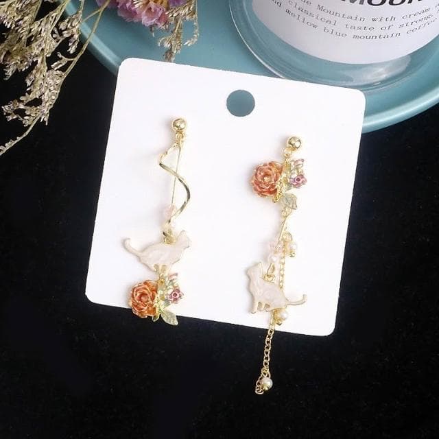 {遇見臻品} BG415貓咪耳環漢服古風耳環春季夏耳環紅玫瑰花珍珠貓咪流蘇耳飾品優雅氣質金屬耳環復古風耳環長款氣質耳環