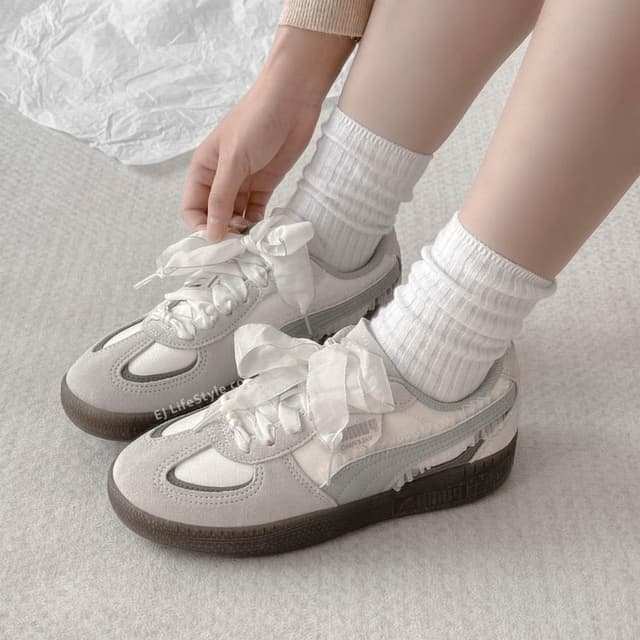 【PUMA】-EJ- 現貨 PUMA PALERMO 珍珠蕾絲灰 白灰 焦糖底 女鞋 401286-01